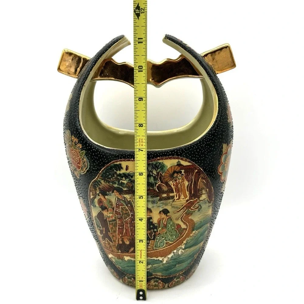 Japanese Satsuma Style Black Ceramic Basket Vase Moriage Gilt Figures Vintage